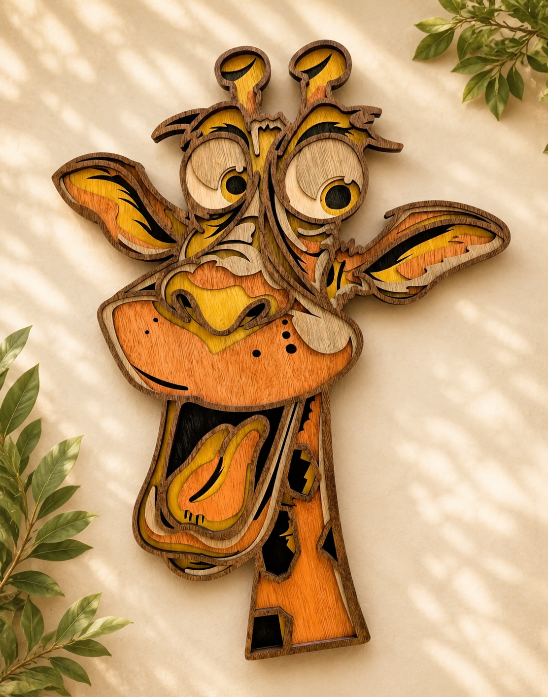 Fun giraffe layered wood wall art with colorful, smiling face