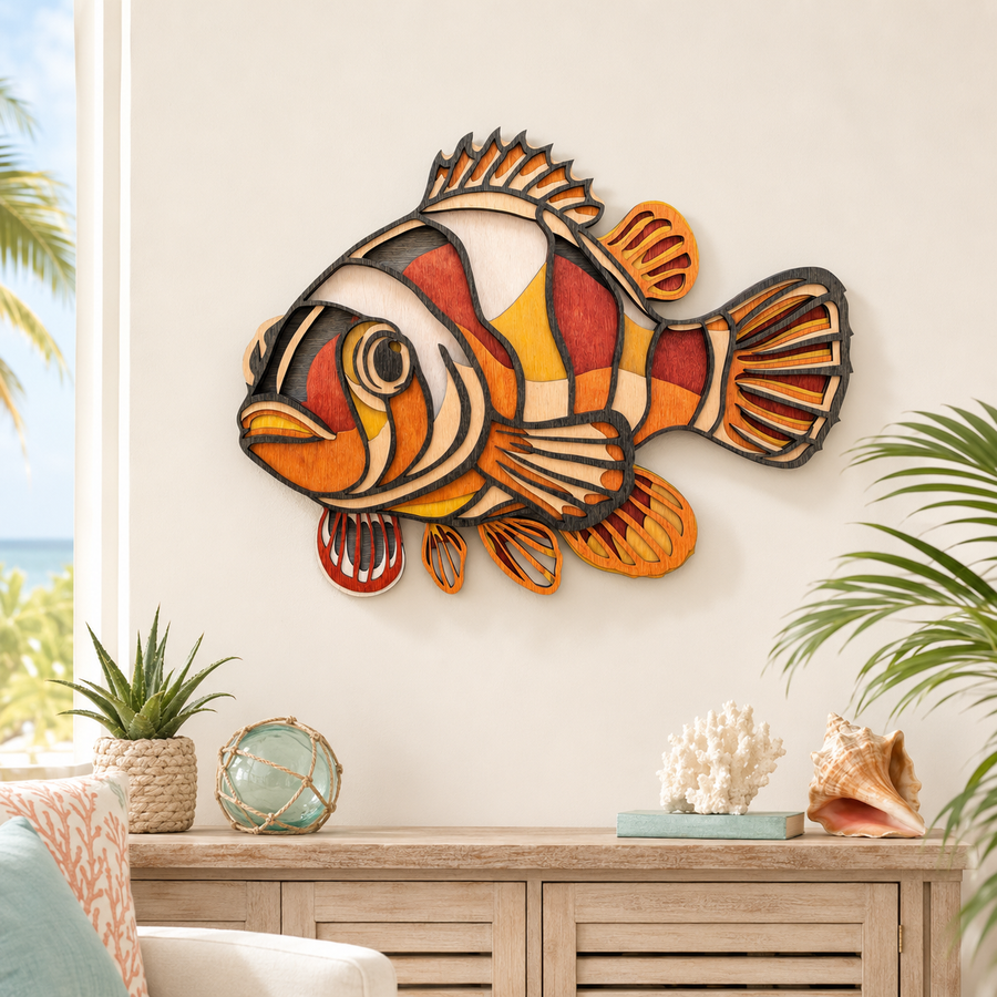 Colorful layered clownfish wood wall art with tropical colors and natural wood texture