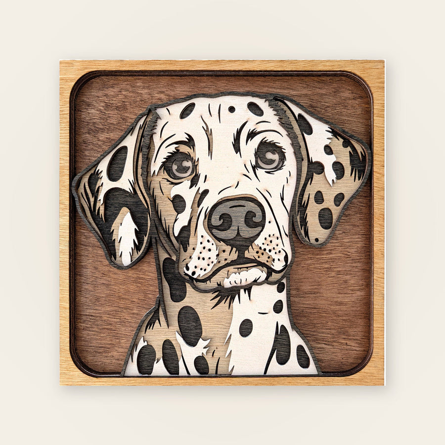 Layered wooden Dalmatian wall art with detailed spots and facial features