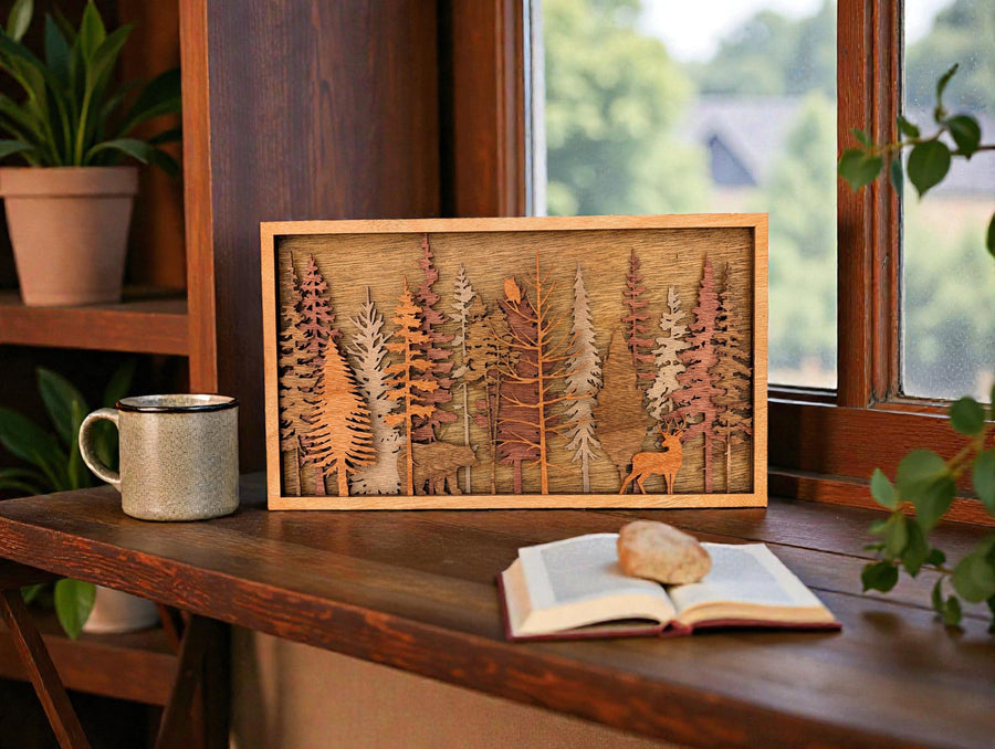 Layered forest wildlife wall art depicting deer and trees