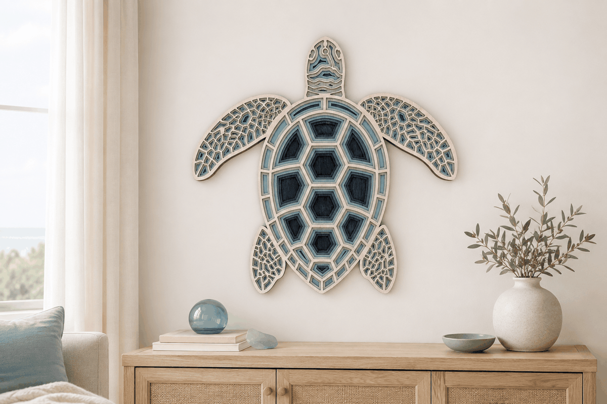 Layered sea turtle wall art in whitewash and blue coastal colors