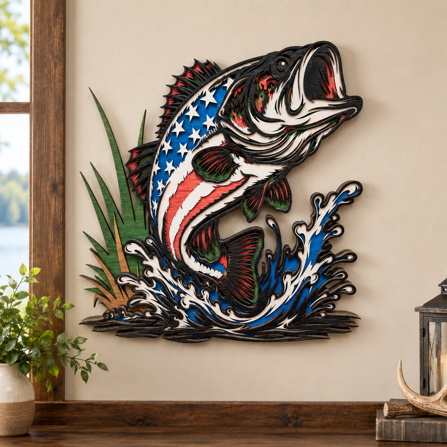 American Pride Bass layered wood wall art featuring a bass fish with stars and stripes design