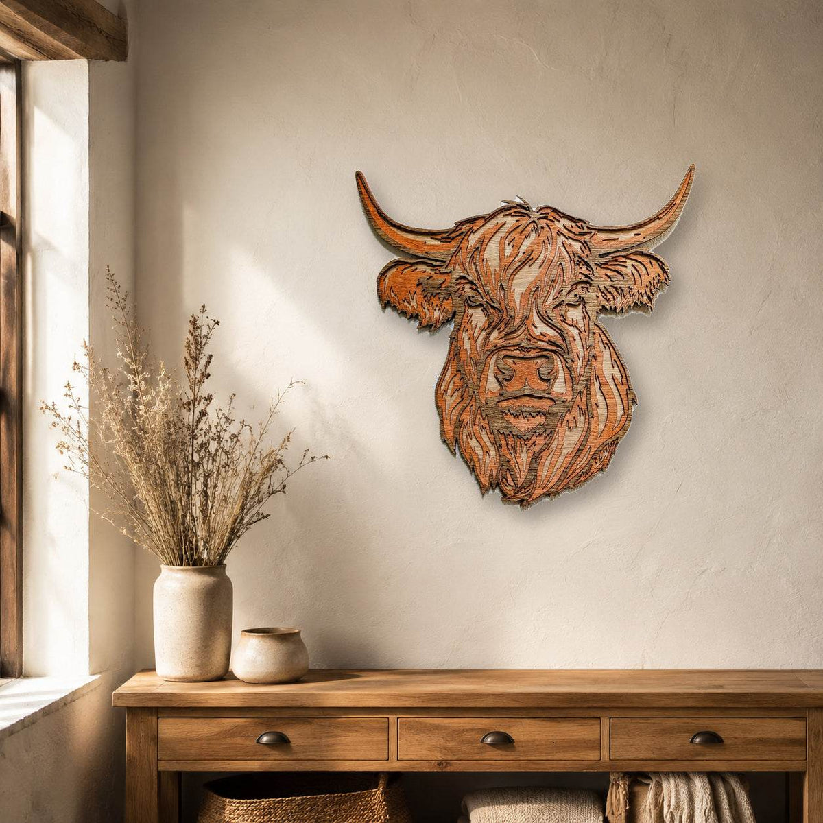 Handmade layered Highland Cow wood wall art with rustic farmhouse design and detailed laser-cut Scottish cattle decor