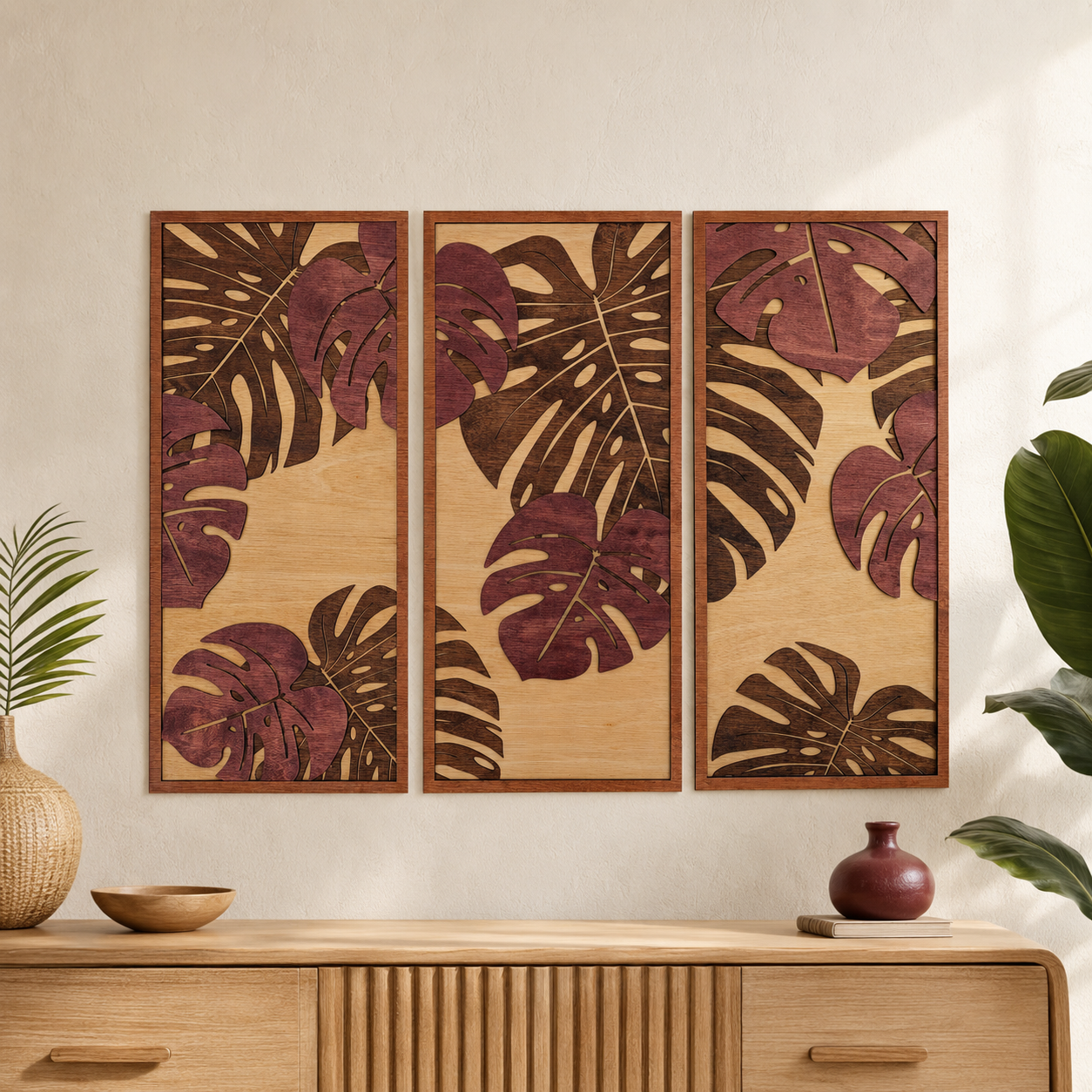 TROPICAL LEAVES – BURGUNDY Wood Wall Art