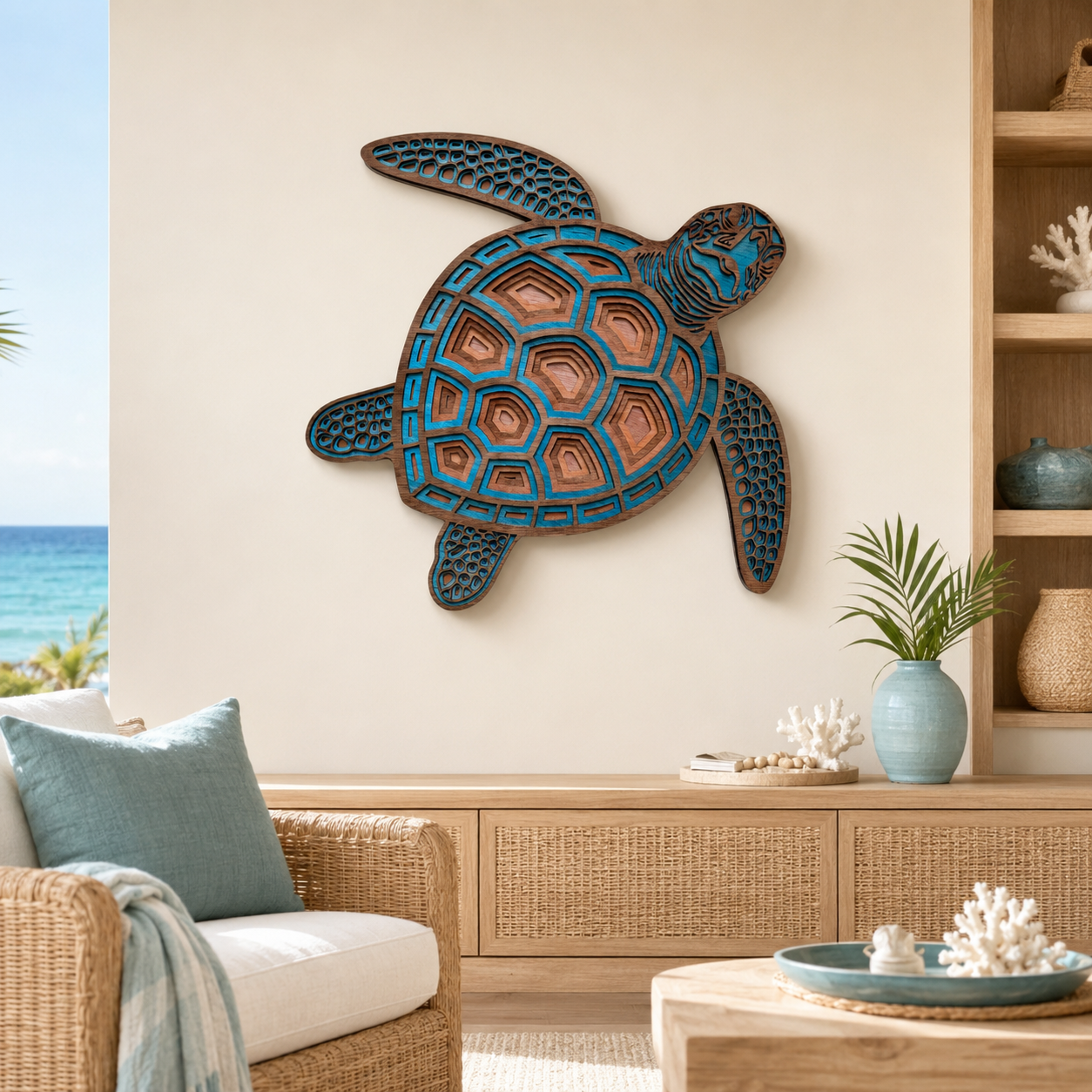 TURTLE Turquoise-Brown Wood Wall Art