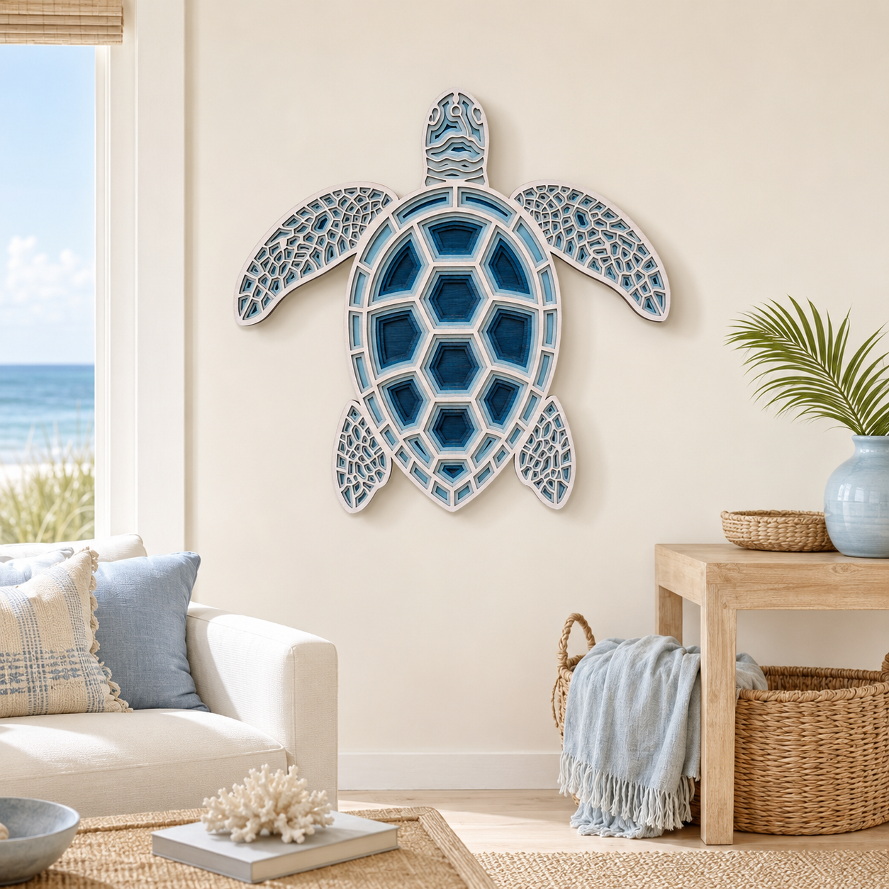 TURTLE Whitewash-Blue Wood Wall Art