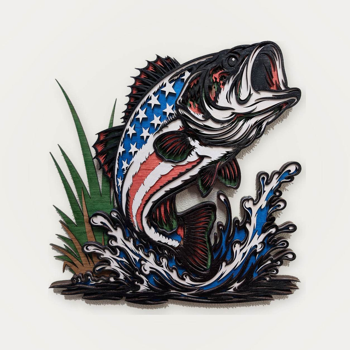A stylized fish graphic with an American flag pattern, shown jumping above water with splashes and grass on a plain light background.