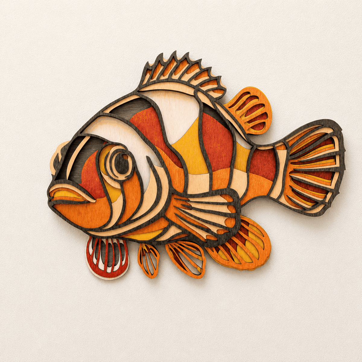 Handcrafted layered clownfish wood wall art with vibrant coastal colors