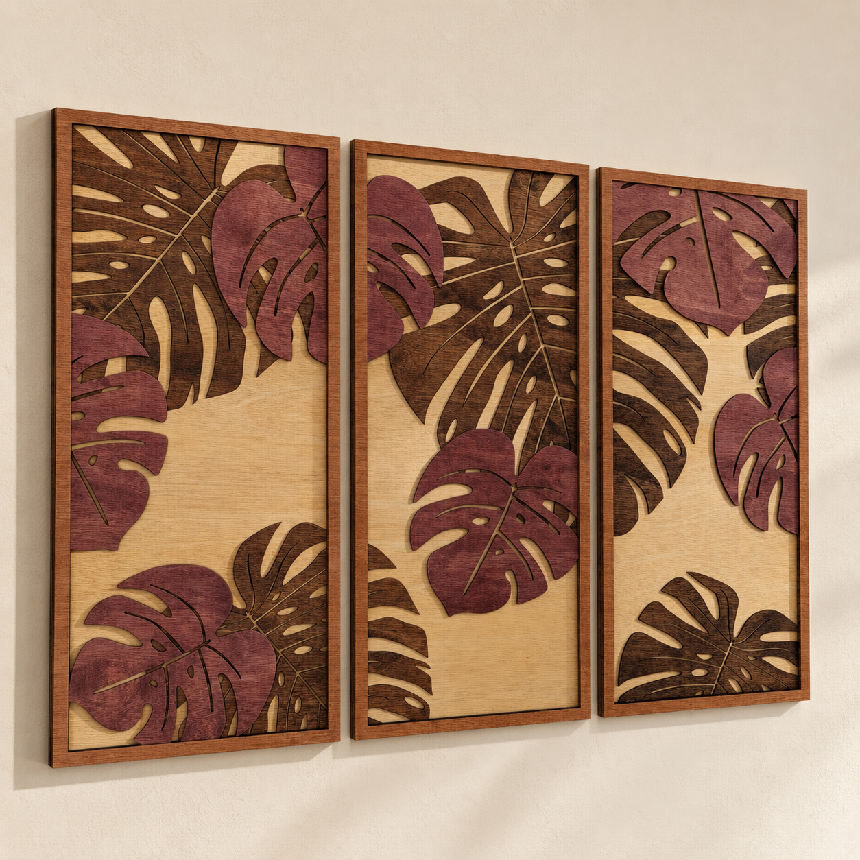 TROPICAL LEAVES – BURGUNDY Wood Wall Art