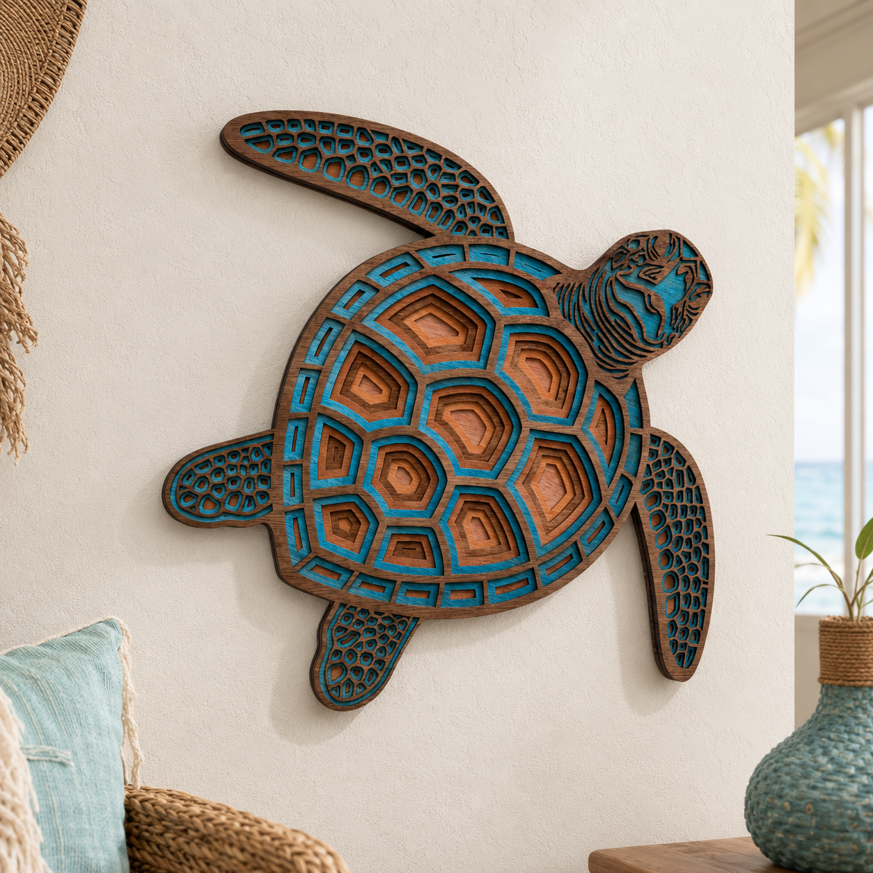 TURTLE Turquoise-Brown Wood Wall Art