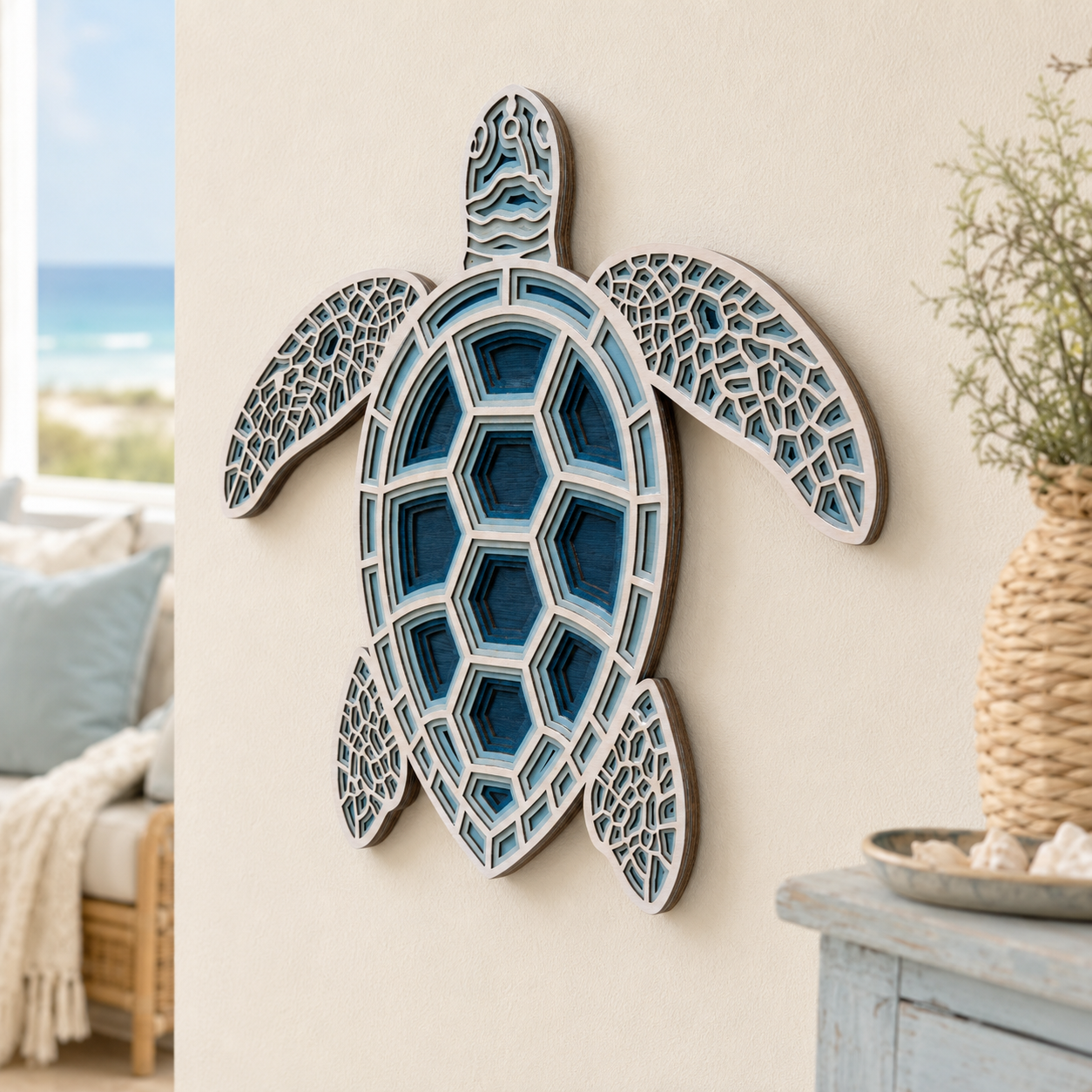 TURTLE Whitewash-Blue Wood Wall Art