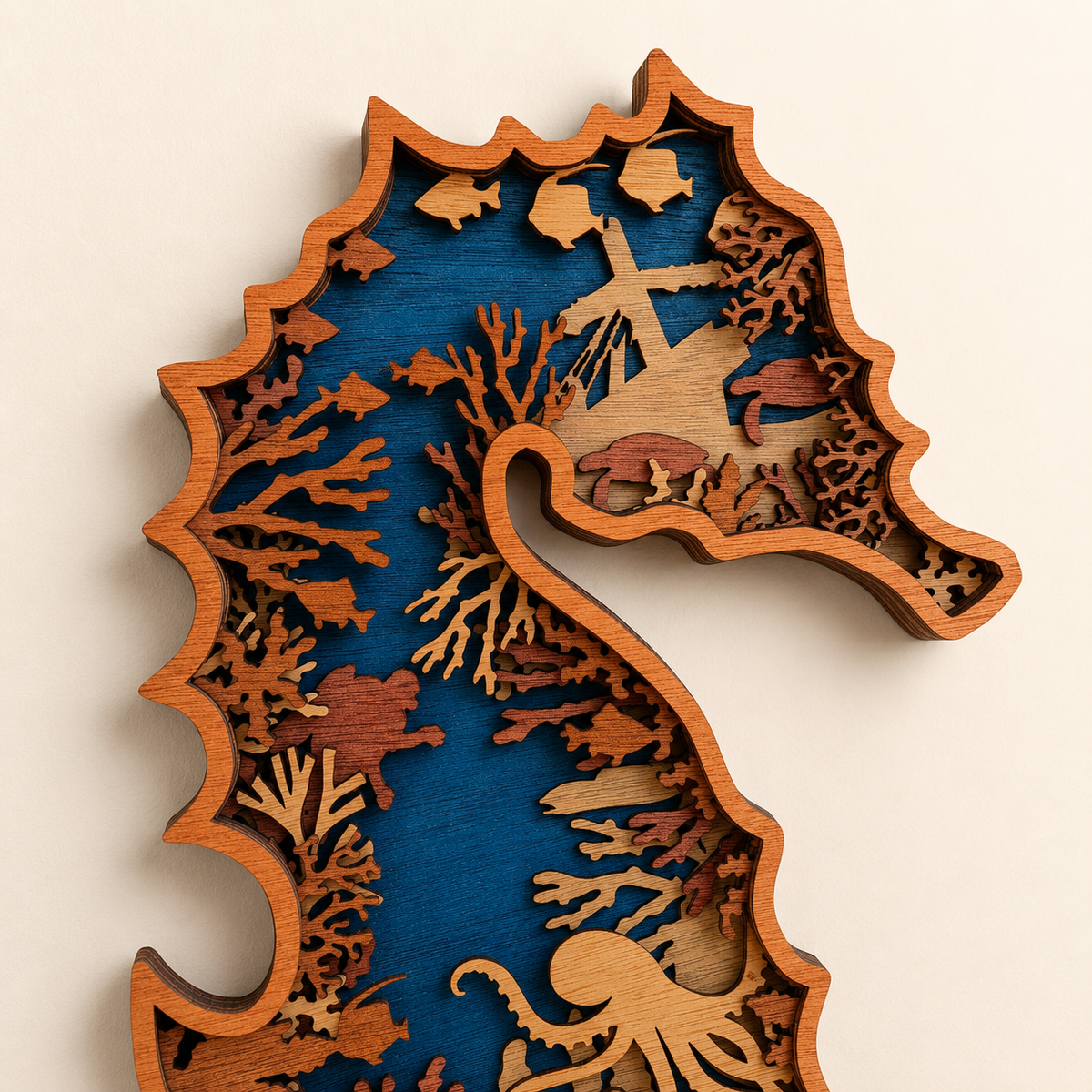 A laser-cut wooden seahorse wall art piece featuring an intricate underwater scene with coral, fish, a turtle, and an octopus, set against a solid light beige background.