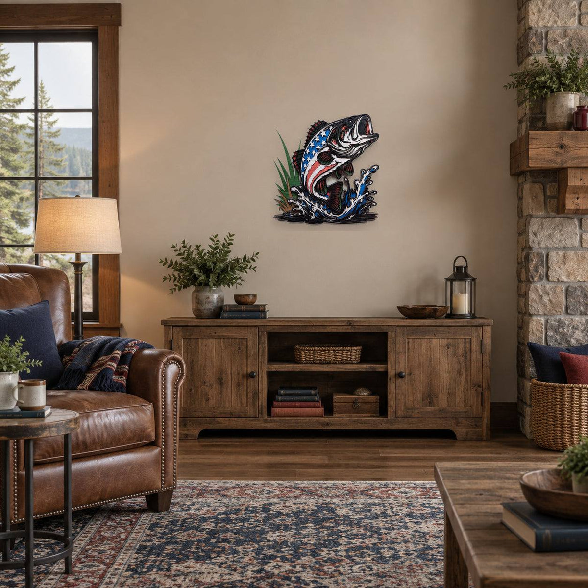 A wall-mounted metal art piece of a fishing bass with an American flag pattern, displayed in a rustic living room setting above a wooden credenza.
