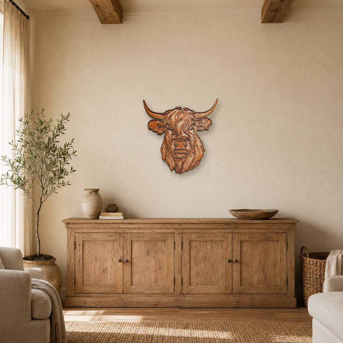 Handmade layered wood wall art of Scottish Highland Cow with rustic farmhouse design