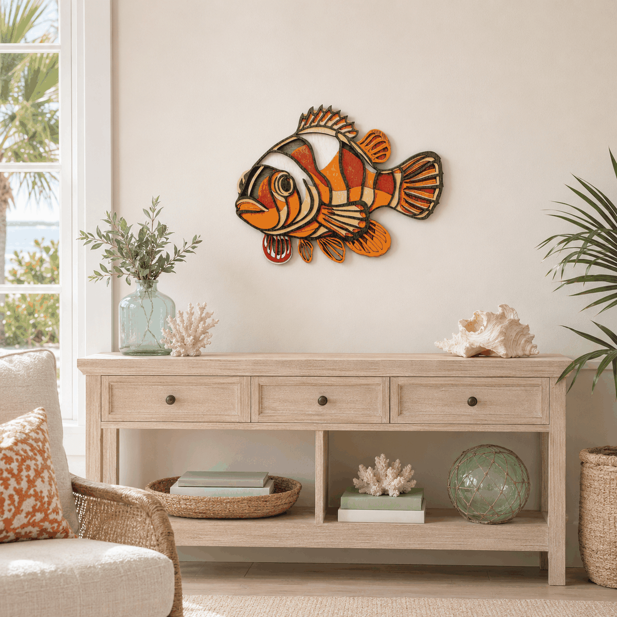 Colorful layered clownfish wood wall art with vibrant coastal colors