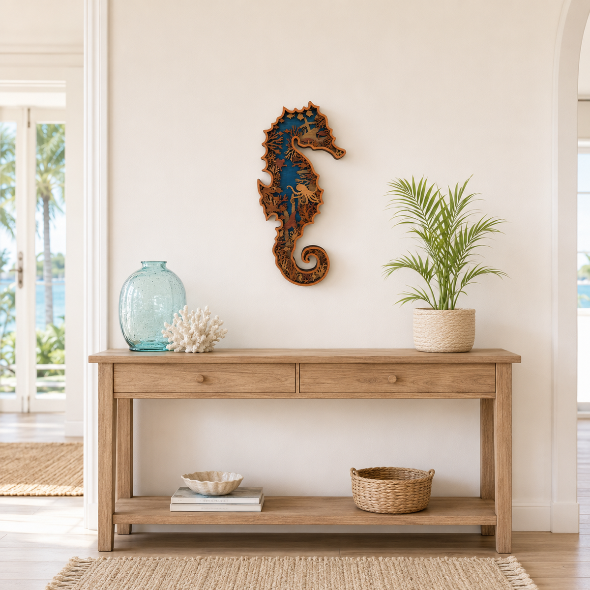 A wooden seahorse wall decor piece with blue and gold detailing, displayed on a light wood console table in a bright, modern room.