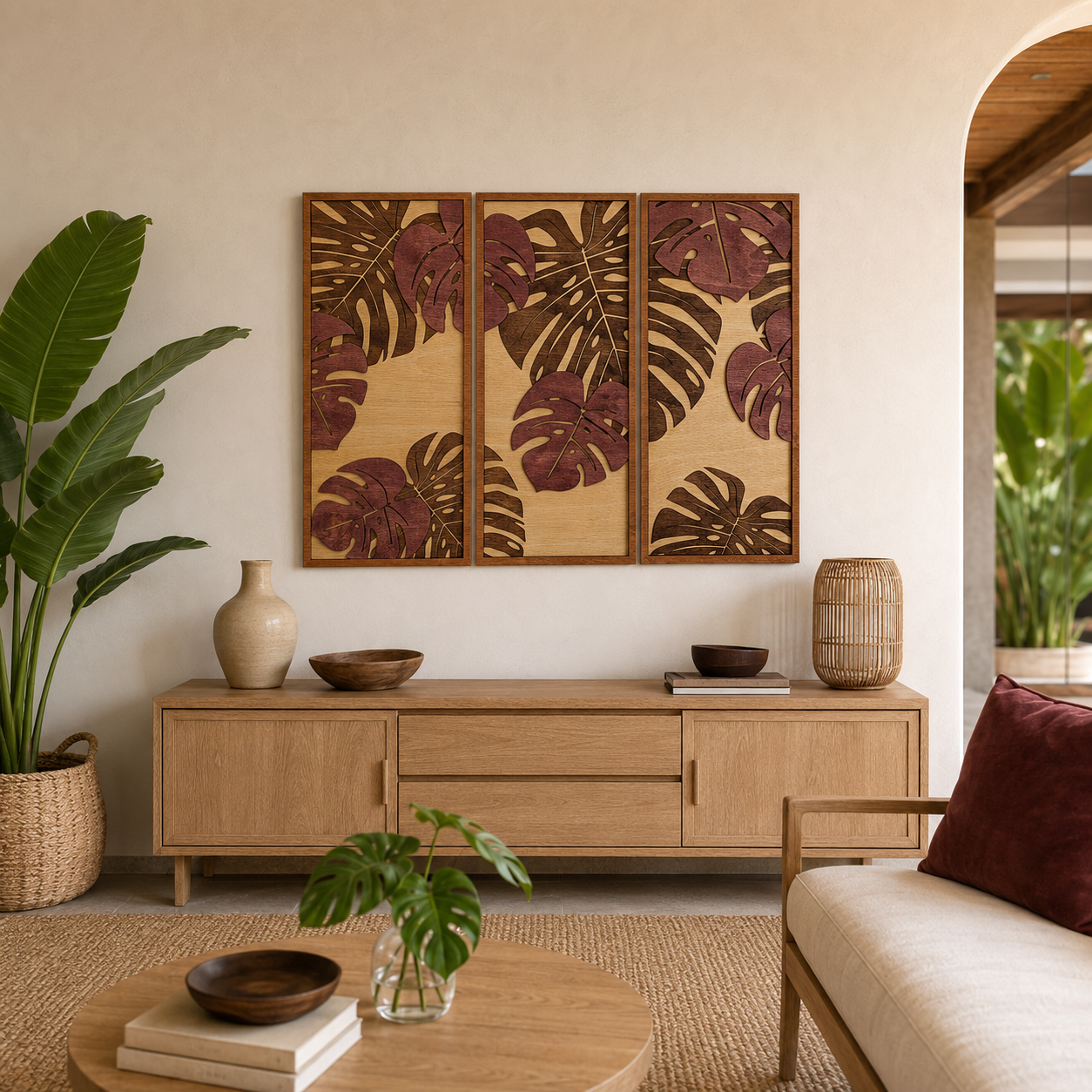 TROPICAL LEAVES – BURGUNDY Wood Wall Art