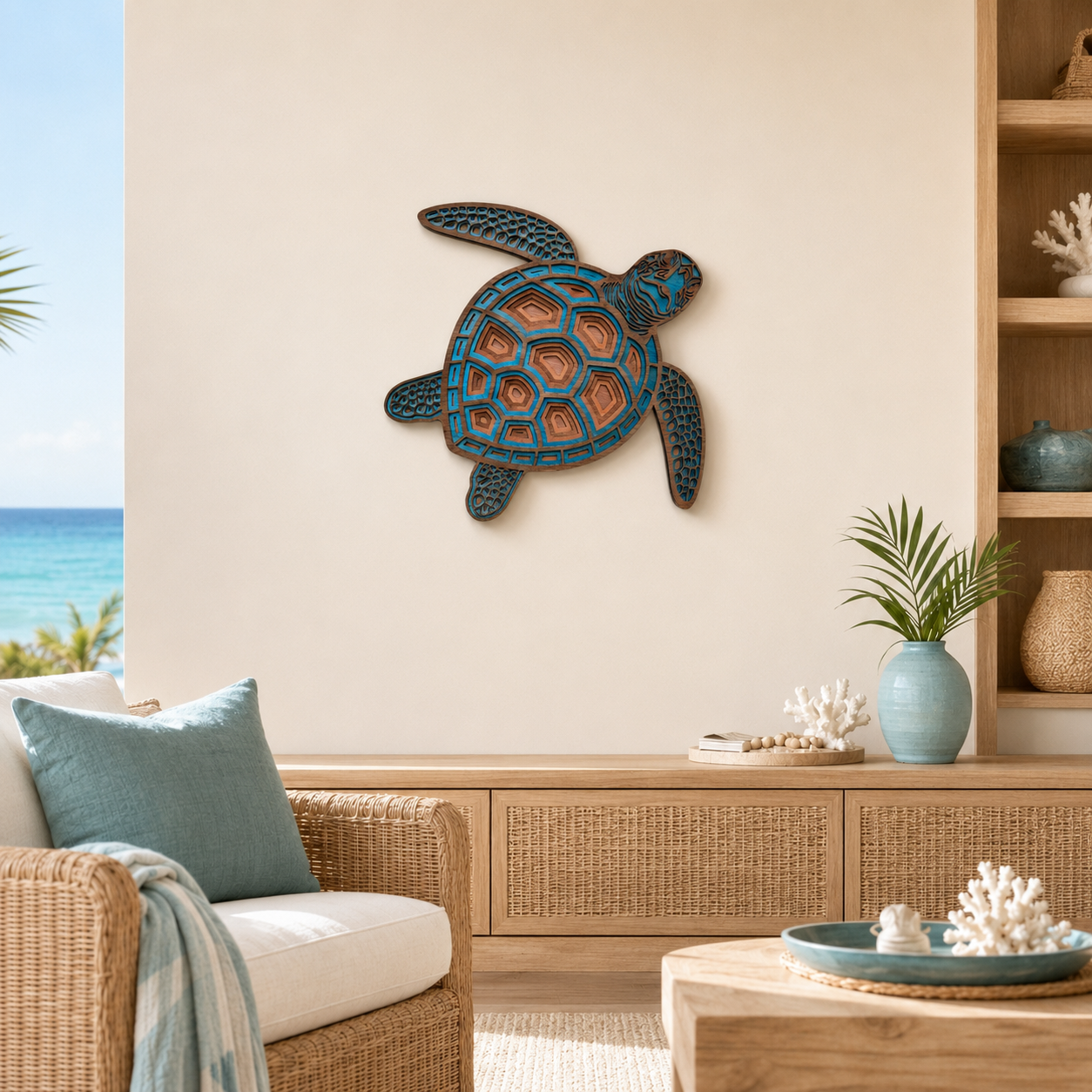 TURTLE Turquoise-Brown Wood Wall Art