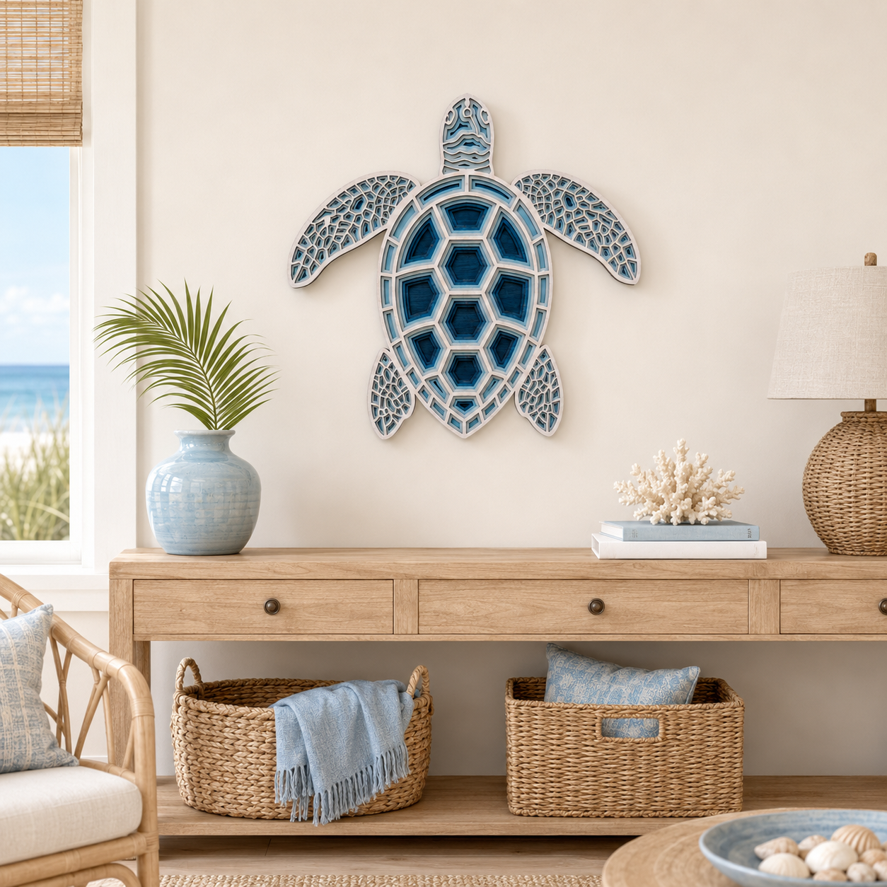 TURTLE Whitewash-Blue Wood Wall Art