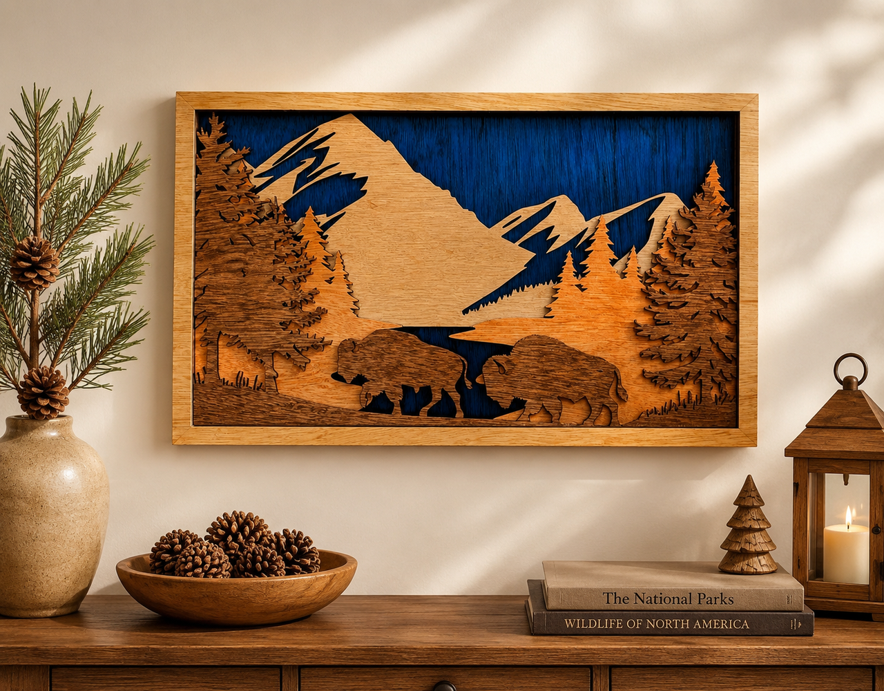 3D Buffalo Mountain Scene Wood Wall Art