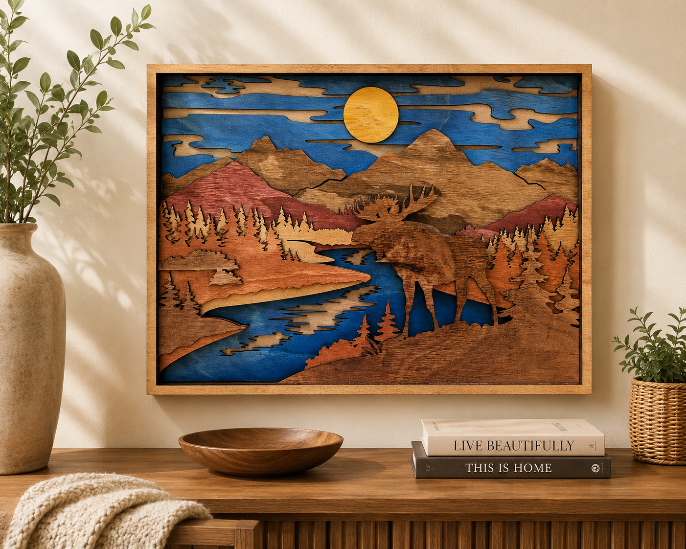3D Moose Mountain Scene Wood Wall Art
