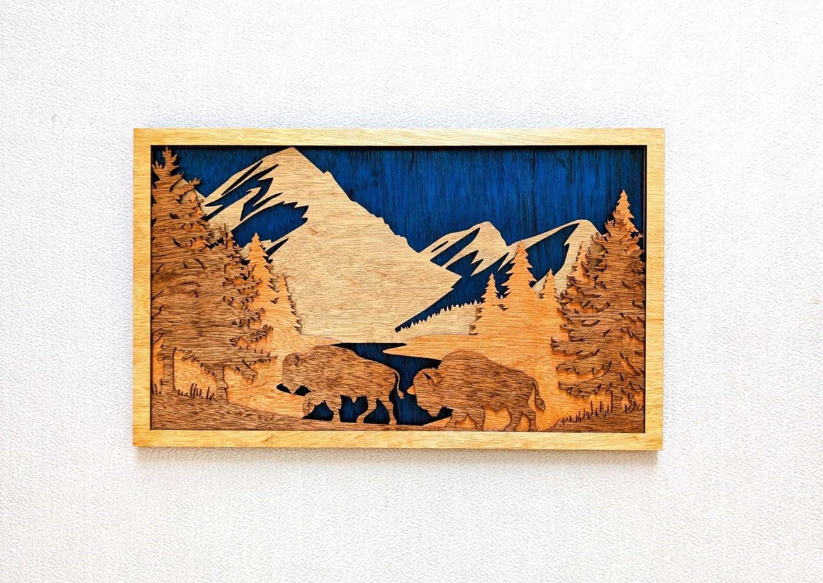 3D Buffalo Mountain Scene wood wall art featuring layered buffalo, mountain peaks, evergreen trees, and lake in natural wood tones