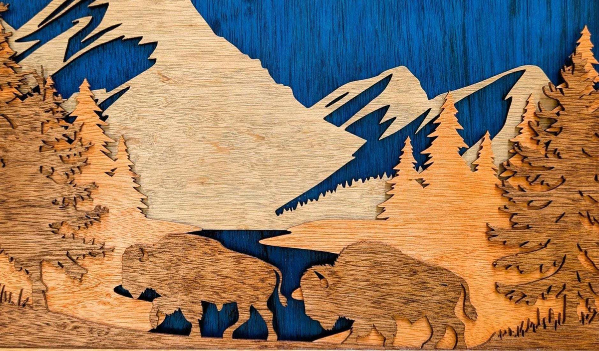 3D Buffalo Mountain Scene wood wall art featuring layered buffalo and mountain landscape in natural wood tones