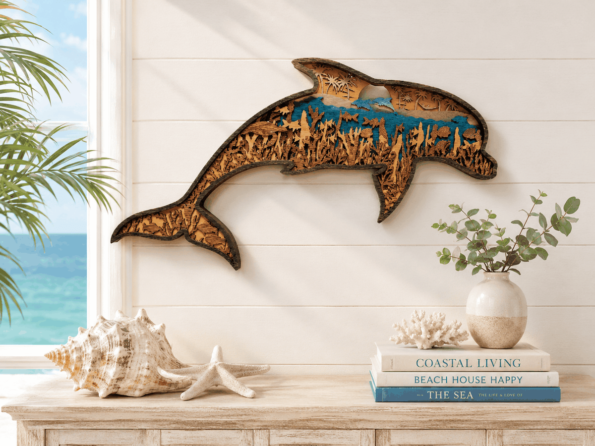 3D Dolphin Wood Wall Art in layered natural wood with blue ocean accents and detailed coral reef cutout