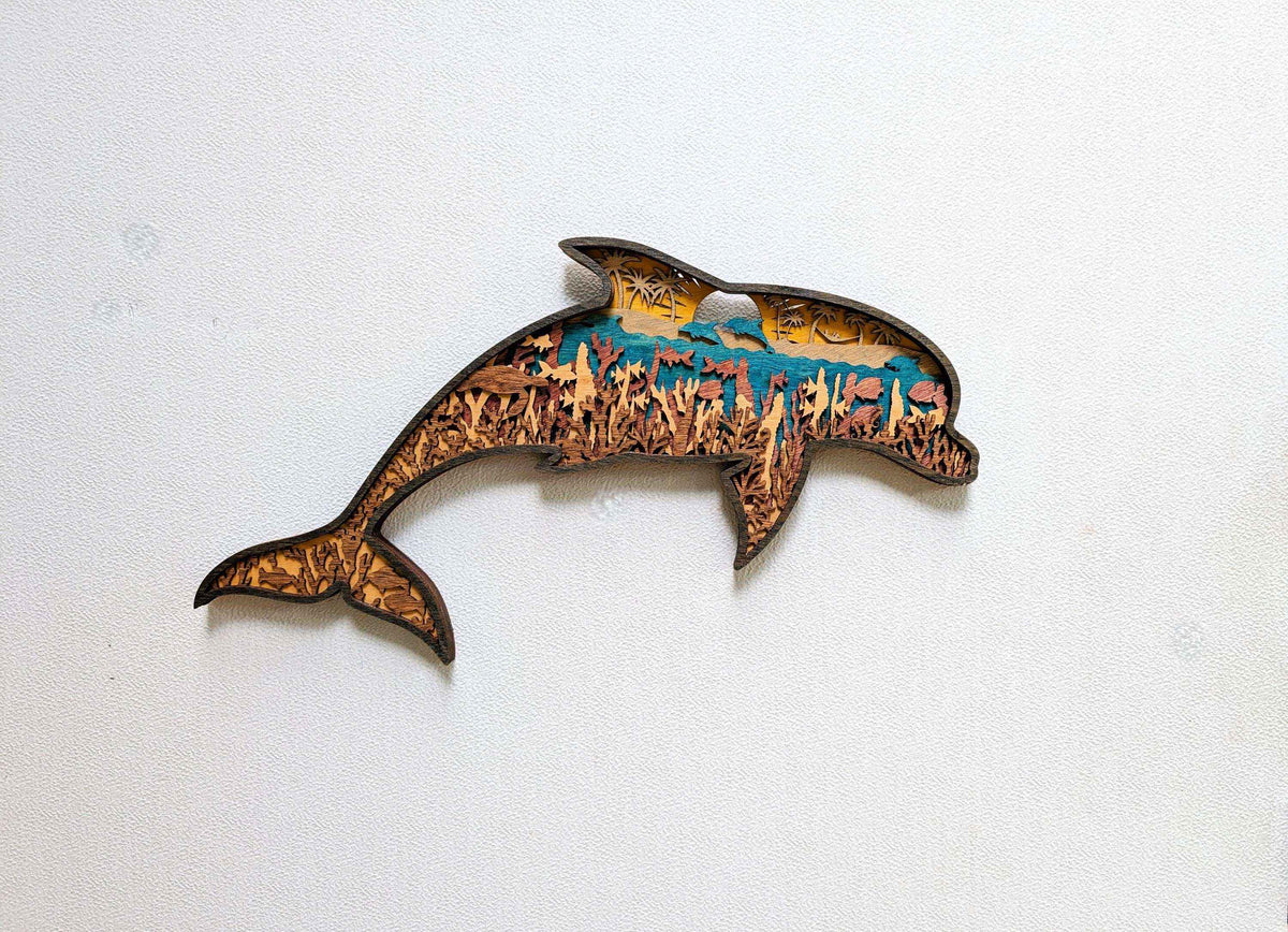 3D Dolphin Wood Wall Art featuring layered natural wood with turquoise water and intricate coral reef details