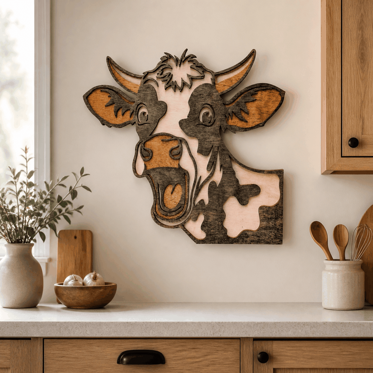 Handcrafted 3D fun cow wall art with layered wood design and rustic farmhouse charm