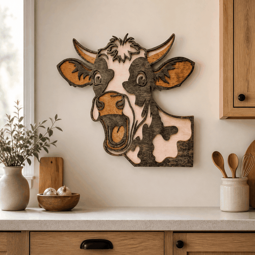 Handcrafted 3D fun cow wall art with layered wood design and rustic farmhouse charm