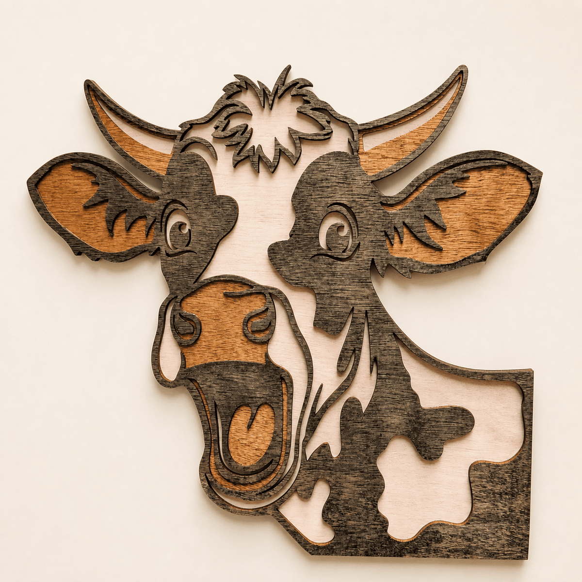 Handcrafted 3D fun cow wall art with layered wood design and playful farmhouse charm