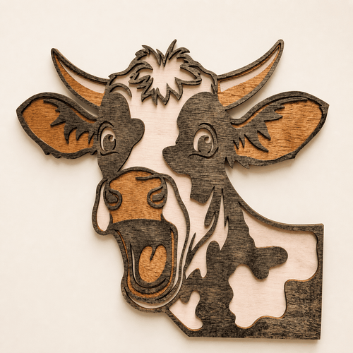 Handcrafted 3D fun cow wall art with layered wood design and playful farmhouse charm