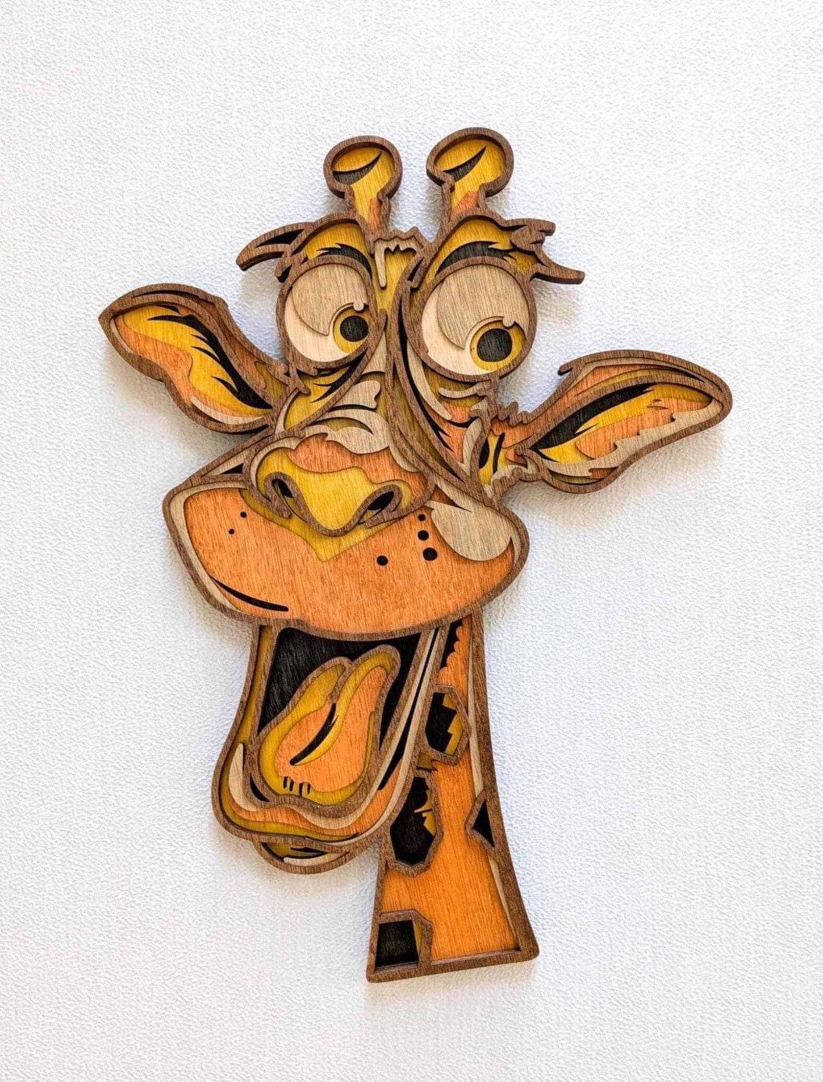 3D Fun Giraffe wood wall art with layered natural wood, orange tones, oversized eyes and playful grin