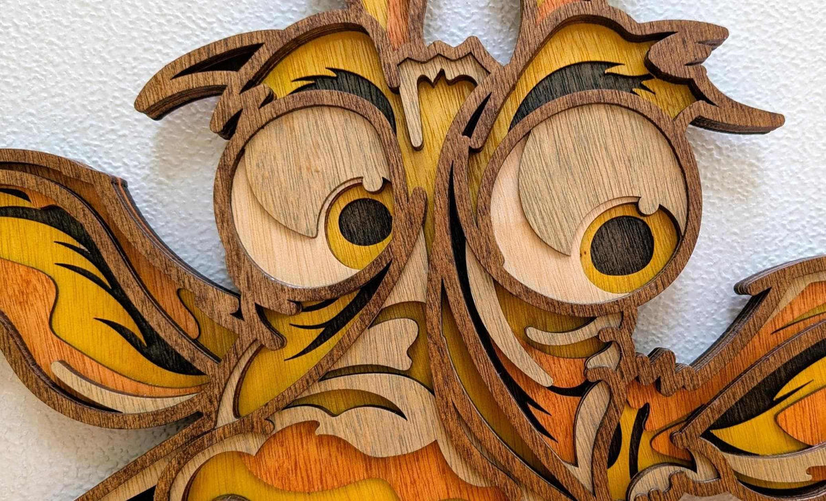 3D Fun Giraffe wood wall art with layered natural wood tones, yellow and orange accents, oversized eyes, and a grin