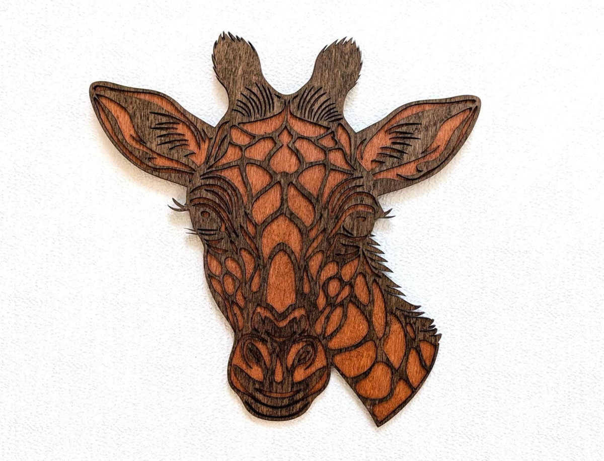 Handcrafted 3D giraffe head wood wall art with layered design