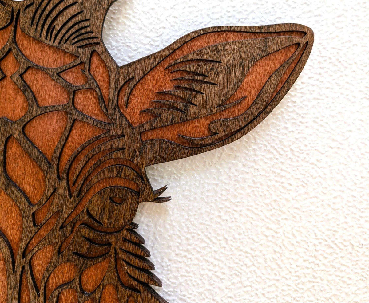 Handcrafted 3D layered giraffe head wood wall art with detailed features