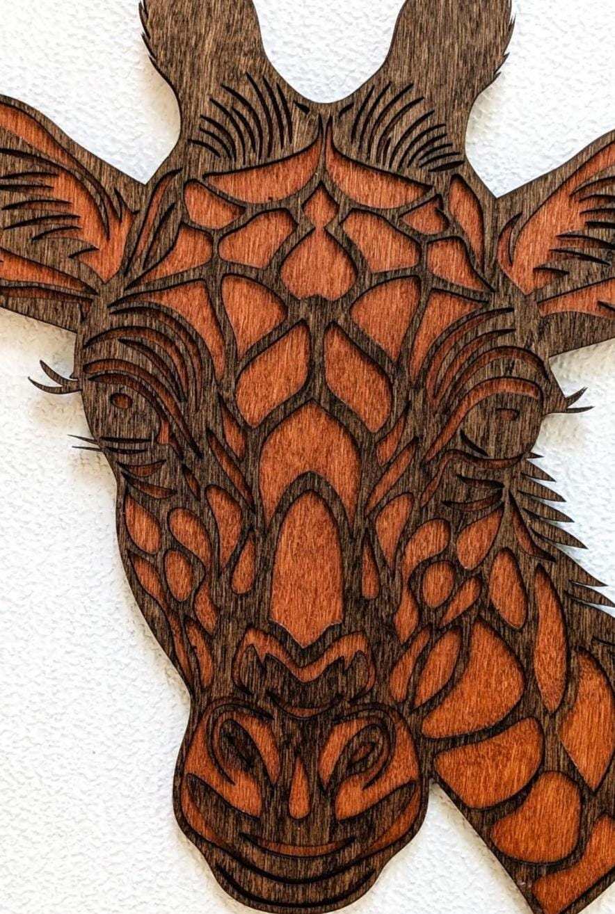 3D layered wooden giraffe head wall art handcrafted