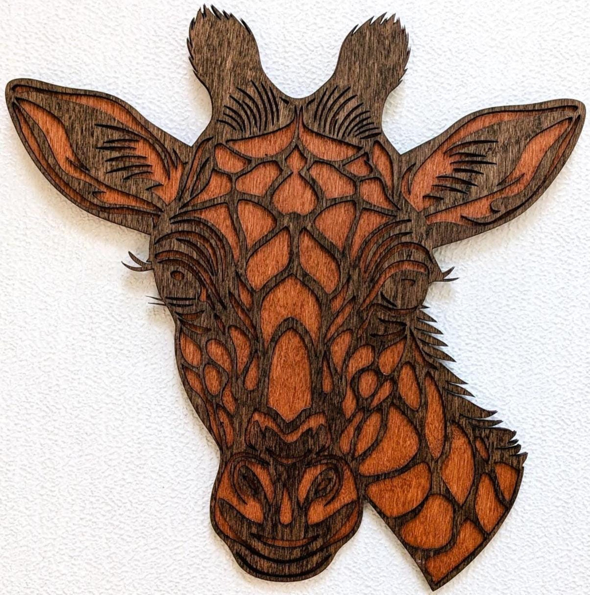 3D layered wooden giraffe head wall art with detailed features