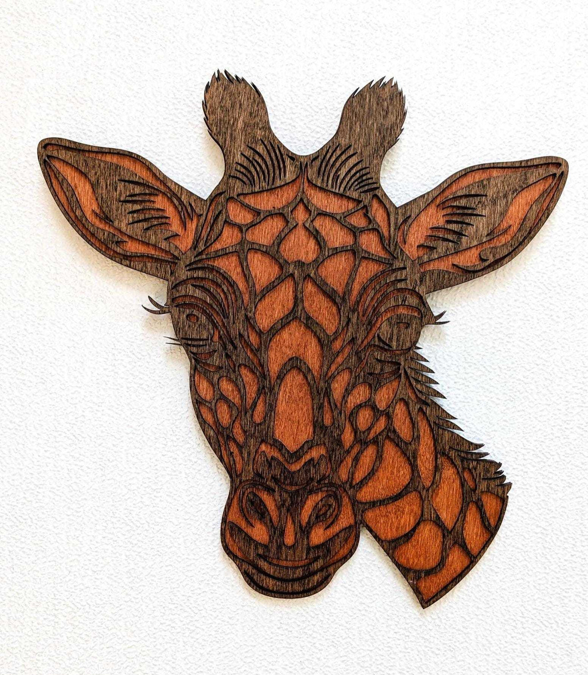 3D layered wooden giraffe head wall art with detailed features