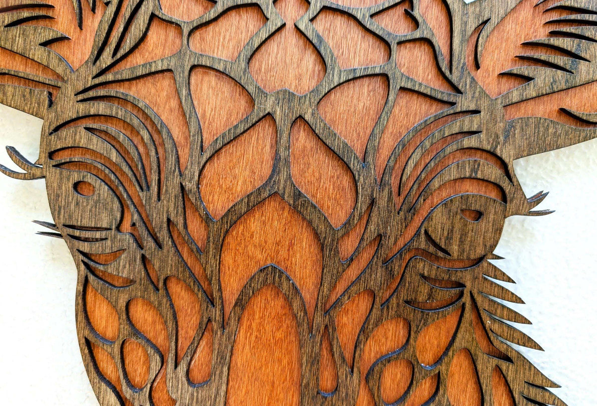 3D layered wood giraffe head wall art with detailed features
