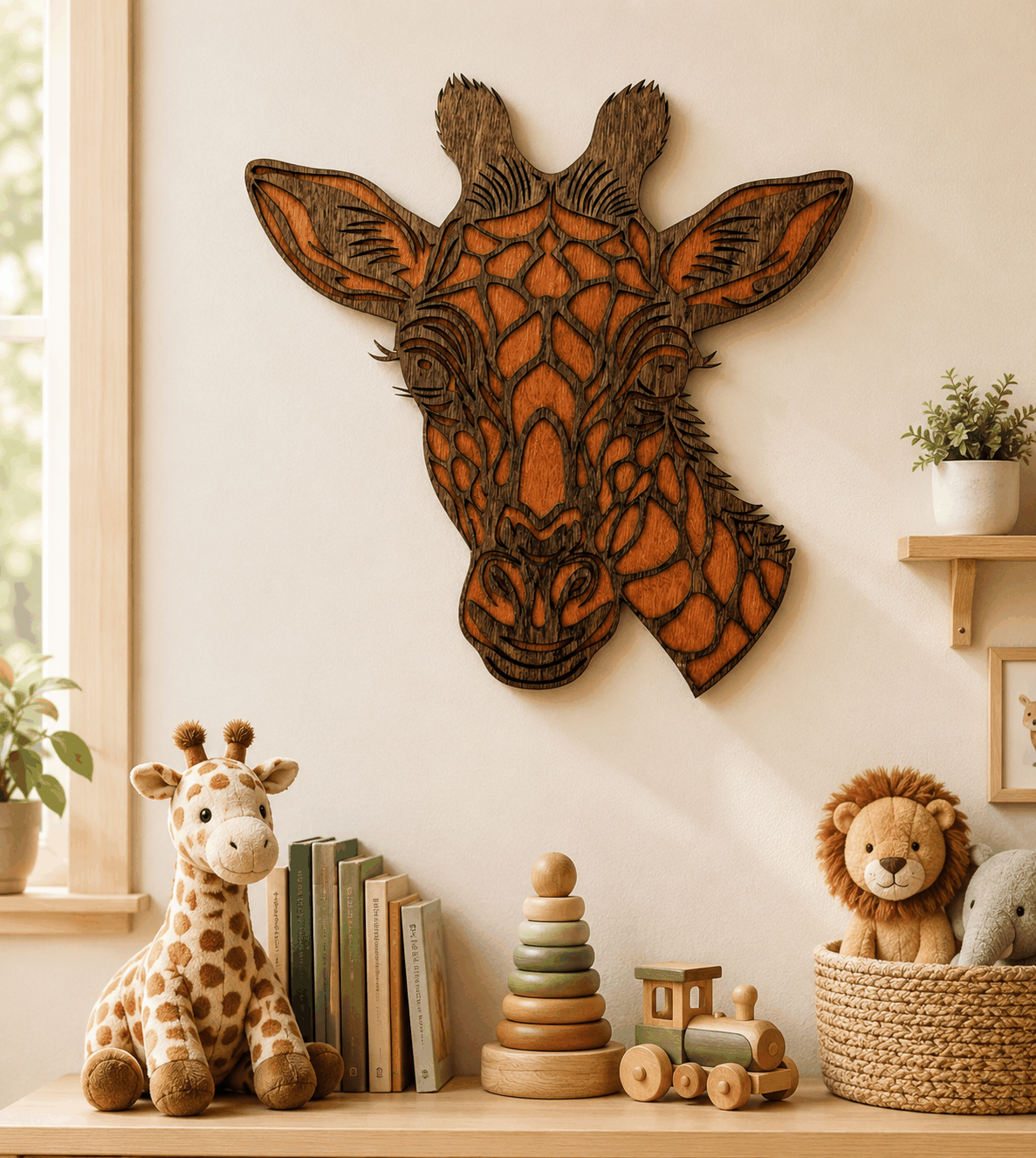 3D giraffe head wood wall art with layered laser-cut details