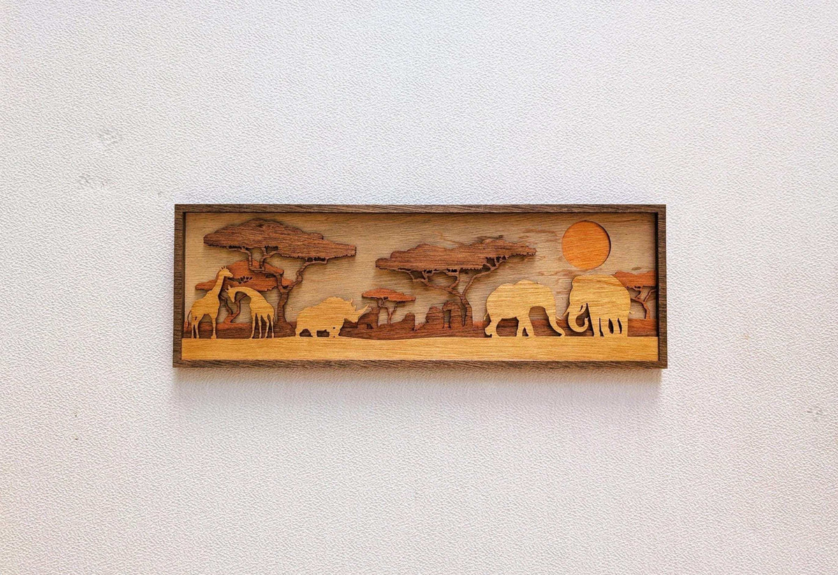 3D Jungle Scene Wood Wall Art featuring layered natural wood giraffes, elephants, acacia trees, and a sun