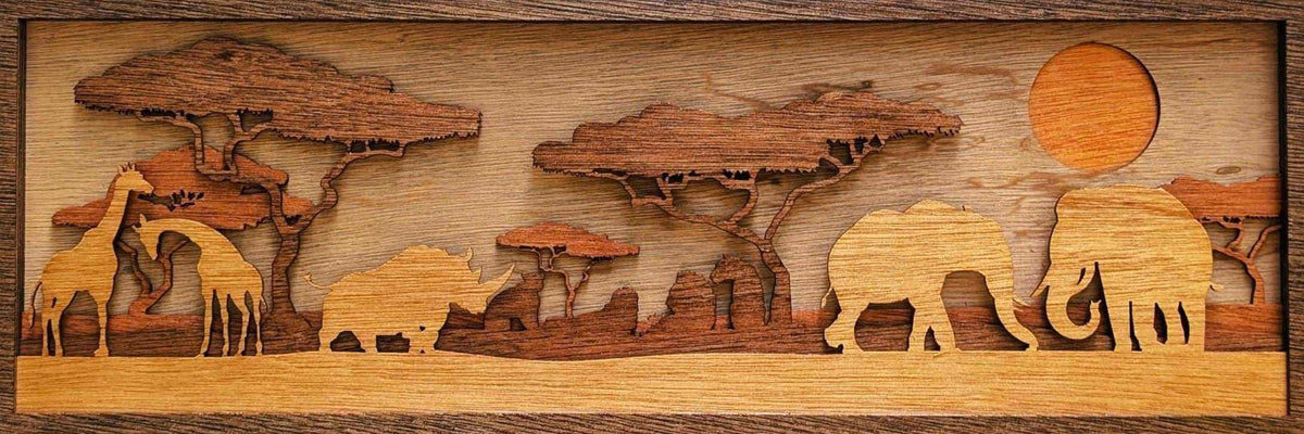 3D Jungle Scene Wood Wall Art featuring layered natural wood giraffes, elephants, acacia trees, and sun