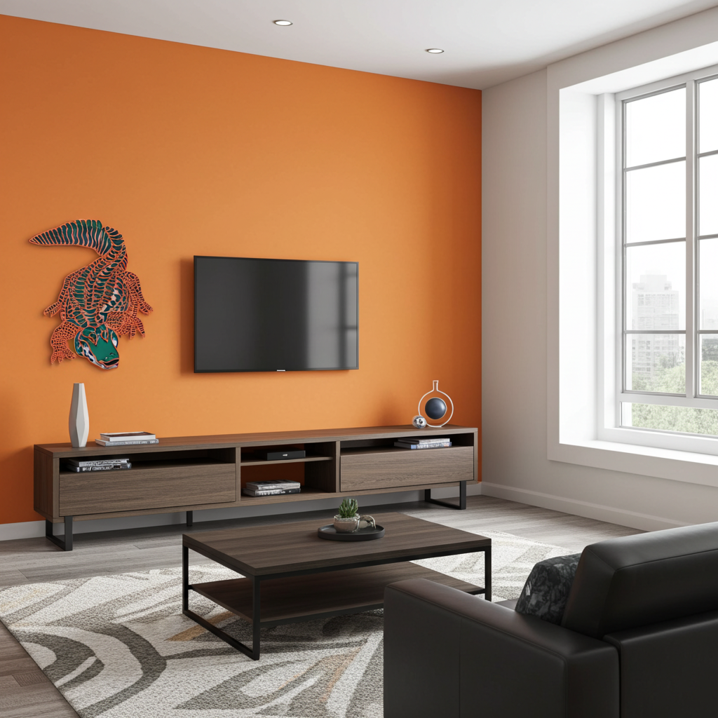 Modern living room with orange wall, TV, and furniture.