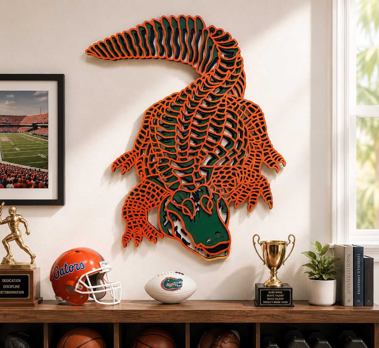 Handcrafted layered wood alligator wall art, laser-cut reptile décor featuring detailed scales, orange and green stained wood layers, and dimensional construction. Florida wildlife wall hanging perfect for rustic, coastal, cabin, and nature-inspired décor by One Hot Laser.