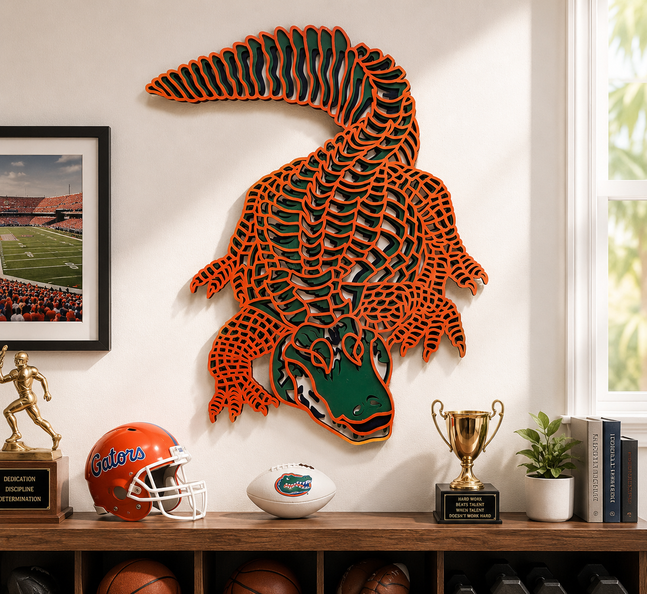 Handcrafted layered wood alligator wall art, laser-cut reptile décor featuring detailed scales, orange and green stained wood layers, and dimensional construction. Florida wildlife wall hanging perfect for rustic, coastal, cabin, and nature-inspired décor by One Hot Laser.