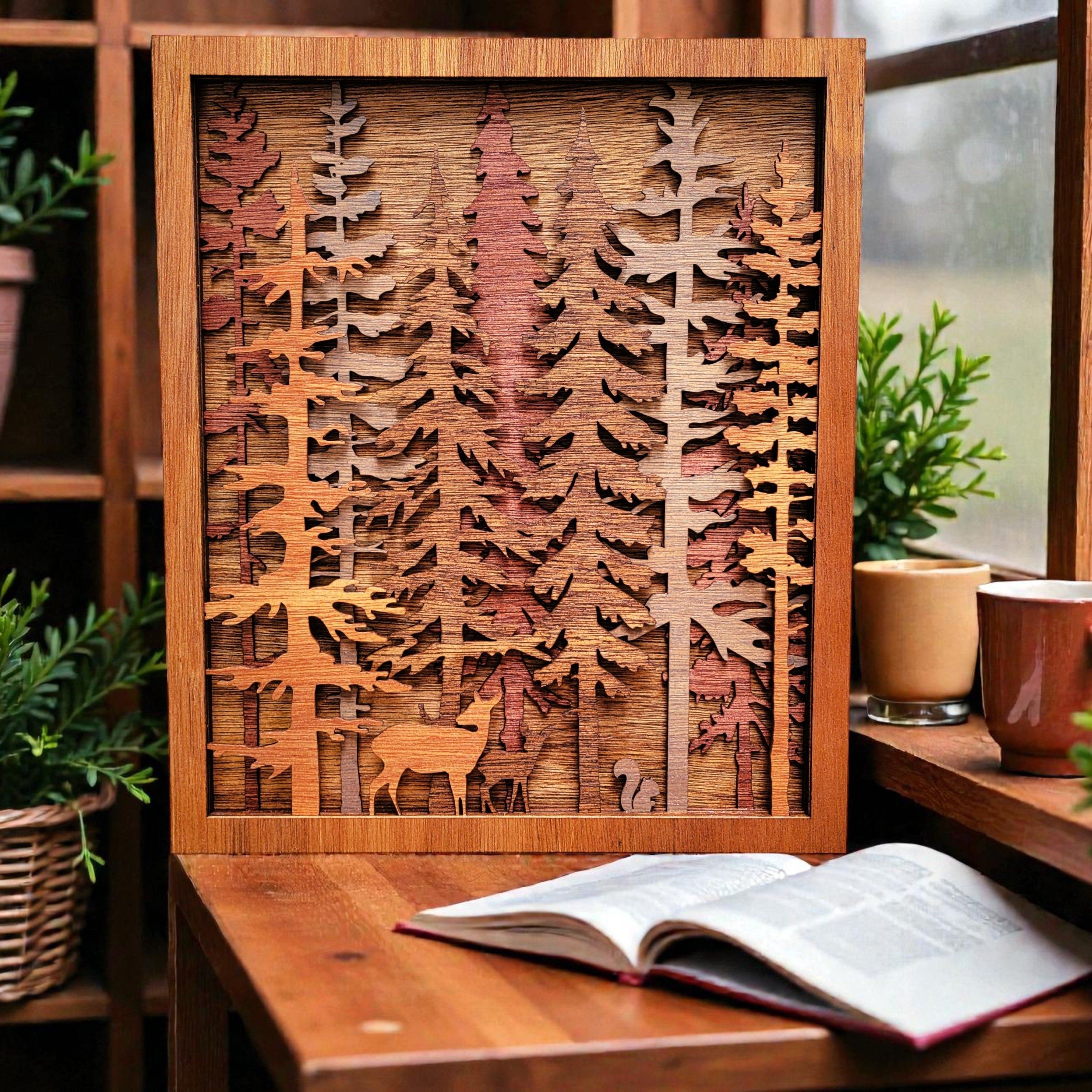 Forest Pine Trees w Wildlife Wood Wall Art