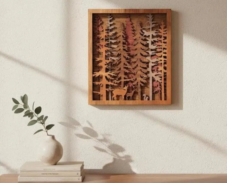Forest Pine Trees w Wildlife Wood Wall Art