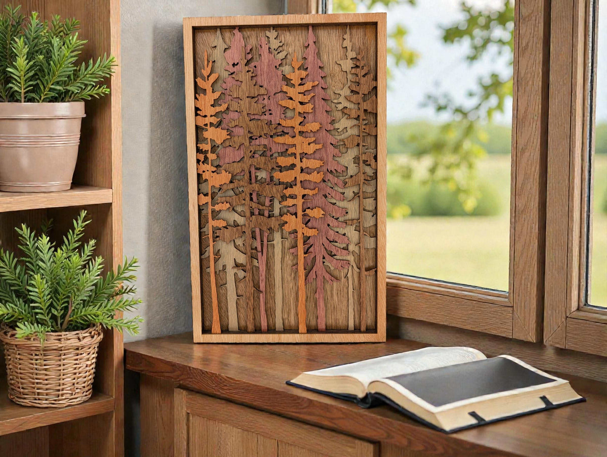 Handcrafted layered Tall Pine Trees wood wall art with rustic brown and burgundy tones for cabin and mountain home decor